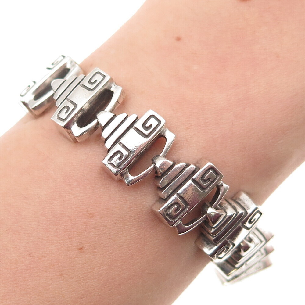 LISA JENKS 925 Sterling Silver Vintage Modernist Link Oxidized Bracelet 6.5"